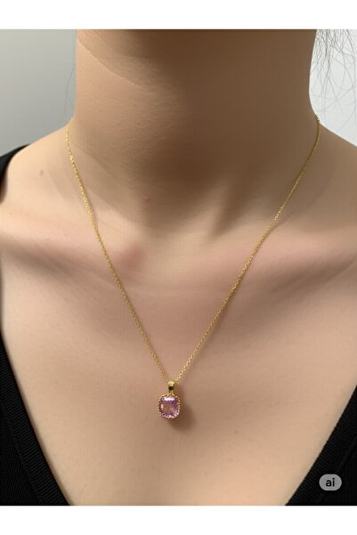 FAMEMUS ACCESSORY قلادة نسائية أنيقة بسلسلة ذهبية وحجر وردي