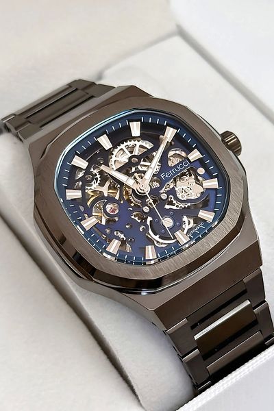 Ferrucci Automatic Mechanism Steel Cord & Case Men's Wrist Watch 3 Atm Smoked Sdfer169