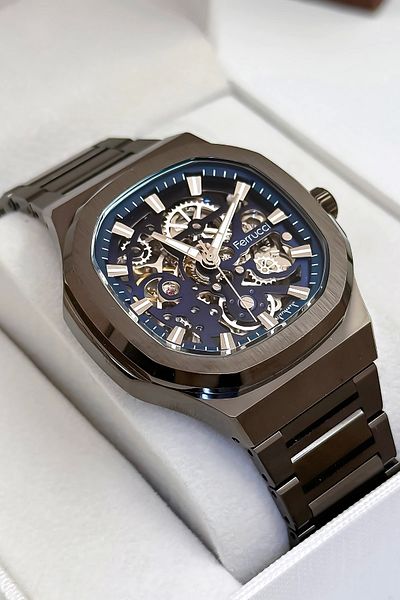 Ferrucci Automatic Mechanism Steel Cord & Case Men's Wrist Watch 3 Atm Smoked Sdfer169