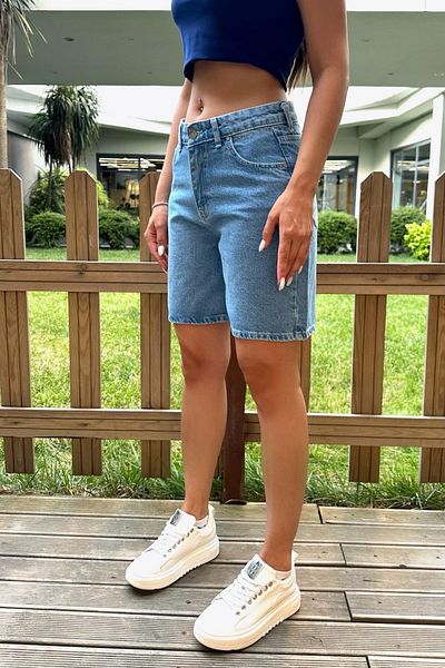 BİKELİFE Women's High Waist 5 Pockets Straight Fit Shorts Jeans