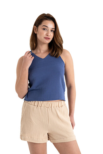 PANCHY CANKY Μπλούζα Crop με λεπτομέρεια ώμου 2 στρώσεων από 100% βαμβακερή μ...