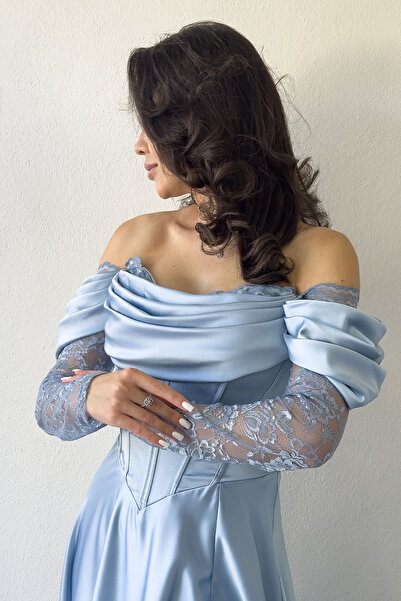 zks grup tekstil Rochie de seară din satin, cu decolteu barcă, cu detaliu din dantelă, albastru bleumarin, saks, prune, albastru bebeluș