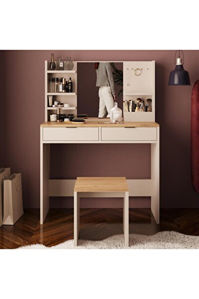 Bimossa V5060 Diena Takı Askılı Raflı Tabureli Makyaj Masası Aynalı Sepet Kumtaşı