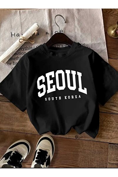 caddekombin تي شيرت أسود من القطن الممشط المطبوع من سيول كوريا الجنوبية