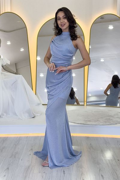 zks grup tekstil Rochie de seară pentru femei, cu guler cu halter, cu drapaj argintiu, albastru bebeluș, pudră