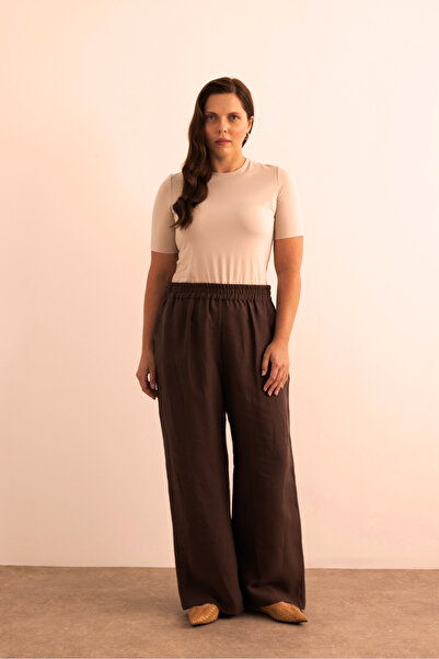 Aker Kahverengi Beli Lastikli Keten Pantolon