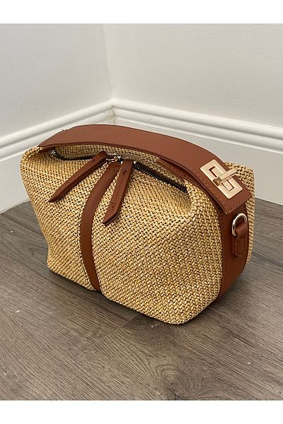 Lunova Taba Women's Straw Interlocking Sandal Hand and Shoulder Bag
