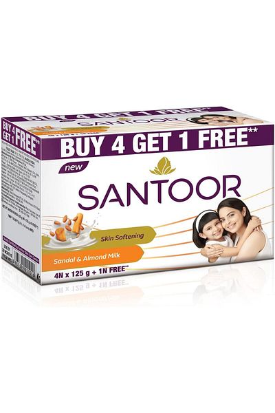 santoor Milk and Almond Soap 125g (Pack of 5) - Buy 4 Get 1 Free, White