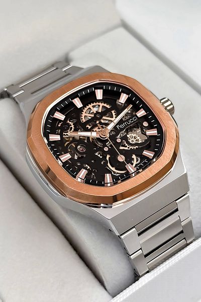 Ferrucci Automatic Mechanism Steel Cord&Case Men Wrist Watch 3 Atm Silver-Rose Sdfer169