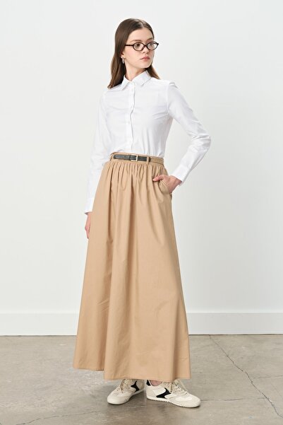 Nihan Büzgülü Kemer Detaylı Pamuk Etek Camel