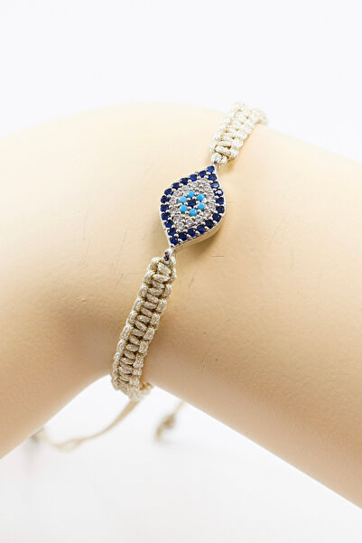 biuti Silver Ellipse Zircon Stone Evil Eye Bracelet with Beige Colored Elevat...