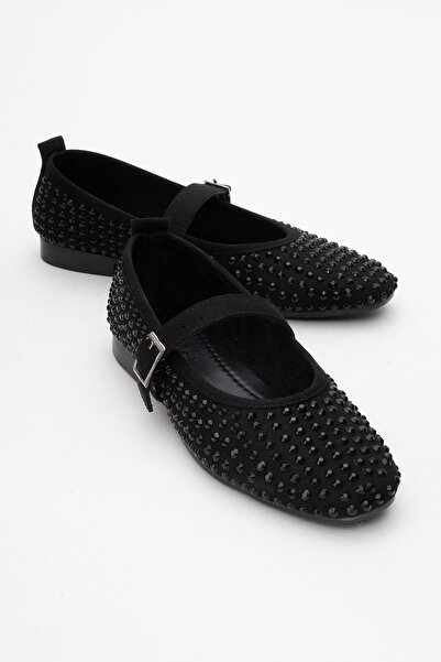 CCWAY AYAKKABI Women's Belted Stone Blunt Toe Ballerinas Black