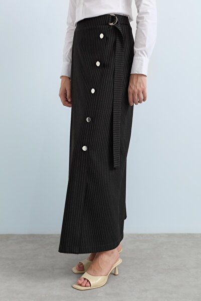 Nihan Pileli Düğme Detaylı Etek Füme