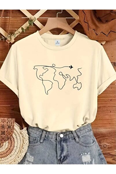 caddekombin Tricou din bumbac pieptănat, bej, cu imprimeu cu hartă aeronautică