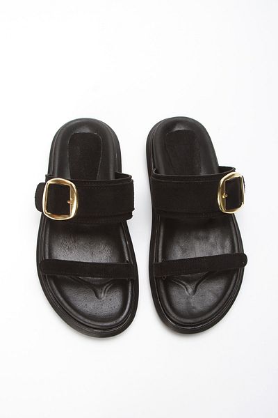 FRZZ Women's Black Suede Velcro Orthopedic Comfortable Buckle Slippers