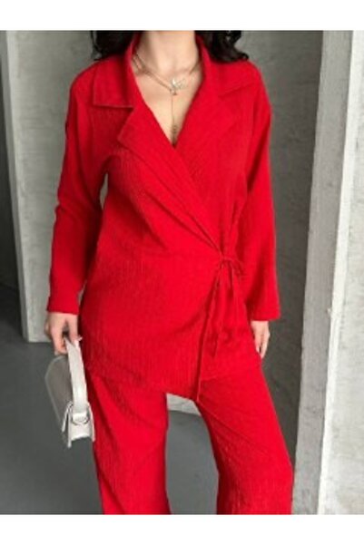 FA Butiq Women's Red Woven Detailed and Side Tie Pants Suit