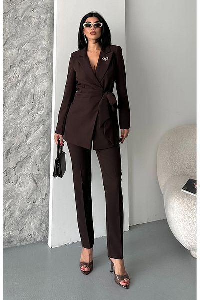 pembekurdelem Women's Tie-Up Jacket Pants Suit Brown