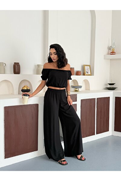 BILDEŞA Γυναικείο Σετ με μοτίβο Crop Loose Leg Παντελόνι Κάτω Τοπ