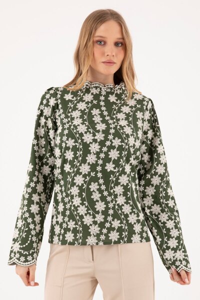 By Mare Style Garland-Laced Pure Cotton Khaki Blouse