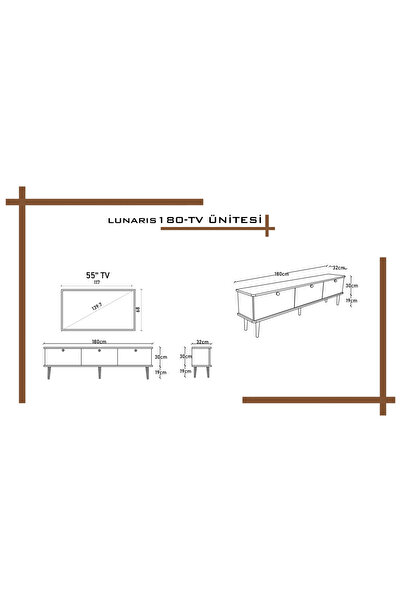 melura home LUNARIS TV ÜNİTESİ 180 CM 3 KAPAKLI OVAL KENAR %100 MDF LAKE AHŞAP AYAKLI