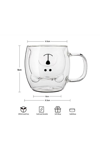 LDA Transparent teddy bear mug for tea, coffee, hot/cold drinks, double wall, capacity 250 ml, dimensions 6x8.5x9.5cm