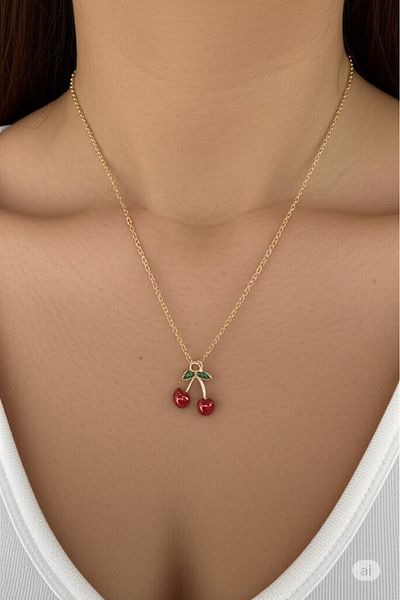 Esra Butik Hane Women's Gold Color Cherry Figured Necklace – Fruit Themed Summer Stylish Jewelry
