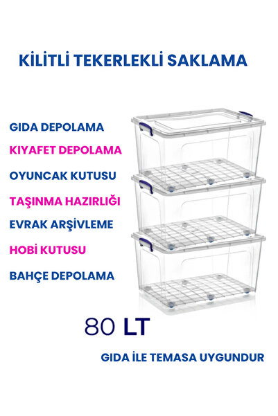 Loremp 80 LT Tekerlekli Şeffaf Saklama Kutusu Kilit Kapaklı Gıda Temasına Uyg...