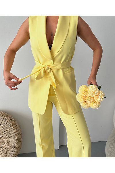 pembekurdelem Women's Shawl Collar and Belted Vest Pants Suit Yellow