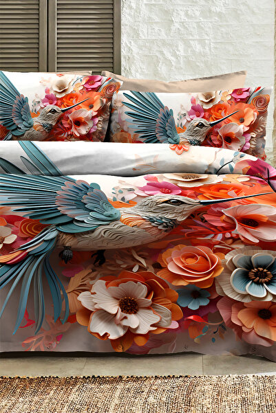 PerlaSera %100 PAMUK Ranforce Çeyizlik Luxury 5D Dijital Çift Kişilik Nevresim Takımı Blue Bird