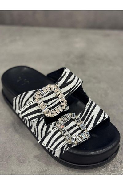 Zeyn Slippers Hand Made Genuine Leather Zebra Patterned