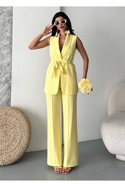 pembekurdelem Women's Shawl Collar and Belted Vest Pants Suit Yellow