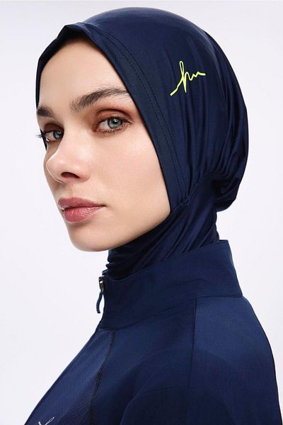 Haşema Dark Blue Hijab Swimming Cap with Green Logo Detail 1006
