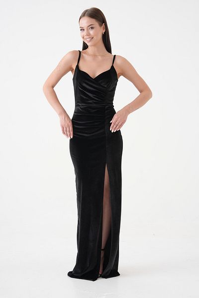 Secret Passion Lingerie Women's Velvet Low-cut and Slit Detailed Sling Evening Dress