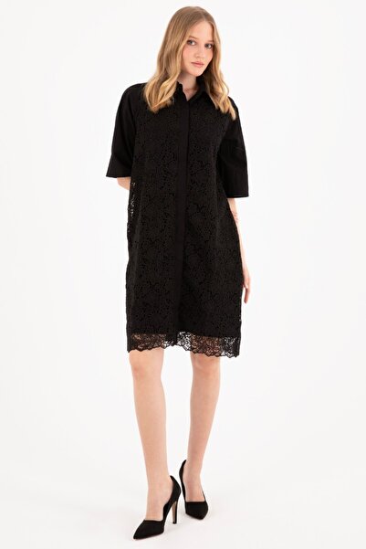 By Mare Style Leydie-Floral Lace Detailed Pure Cotton Black Brode Shirt Dress
