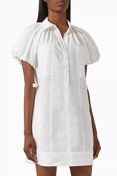 3.1 Phillip Lim White Poplin Mini Dress with Balloon Sleeves, Side Lace-Up and Relaxed Fit