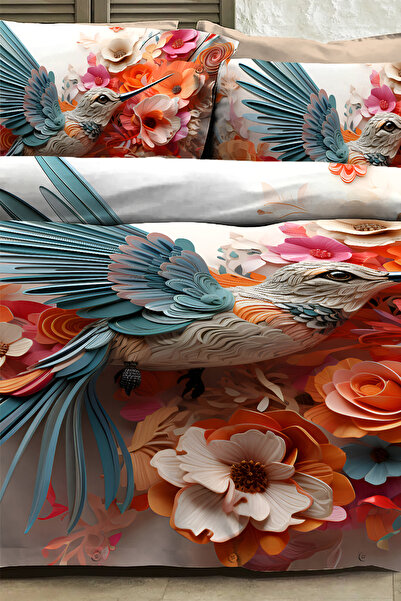 PerlaSera %100 PAMUK Ranforce Çeyizlik Luxury 5D Dijital Çift Kişilik Nevresim Takımı Blue Bird