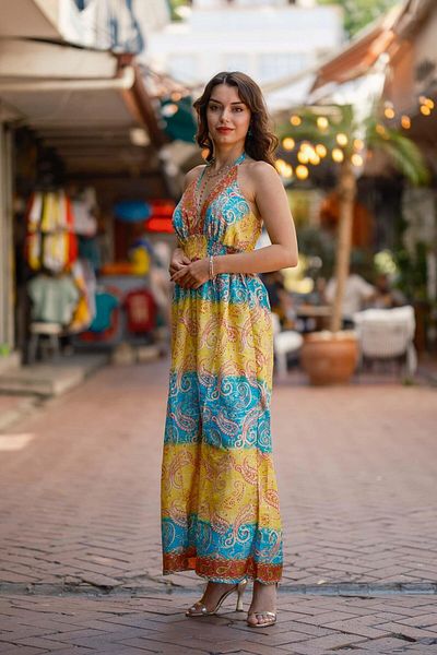 Miss Boheme Turquoise Color Halter Neck Backless Silk Jumpsuit