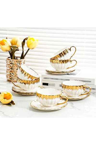 CEZVE HOME Enzo 6-Person Porcelain Gold Gilded Nescafe Cup Set