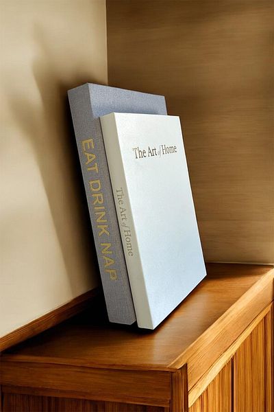 peony studio Linen Fabric Covered 2-Piece Decorative Book Box Linen Gray, Linen White, Gold Written