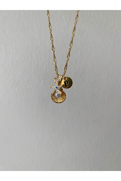 Fiamoss Oyster Detailed Letter and Evil Eye Necklace