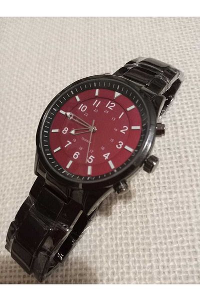 Brality Black Steel Band Men's Wrist Watch... Burgundy Numeral Dial... Black Case 6078