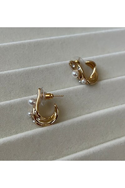 Goche Gold Dalga Formlu İnci ve Taş Detaylı Kadın Küpe (2.2* 1.2)