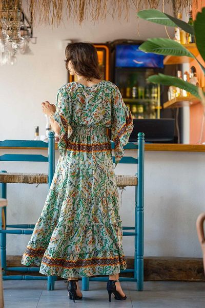 Miss Boheme Green Color Lace-Up Detail Half Sleeve Long Silk Dress