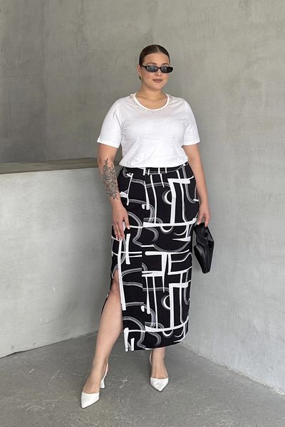 Stil Diva Plus Size Elastic Waist Abstract Patterned Slit Detailed Long Skirt 98-120