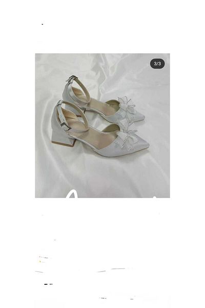 Dira Ayakkabı Silver Satin Women's Tulle Bow Thick Heel Evening Dress Shoes