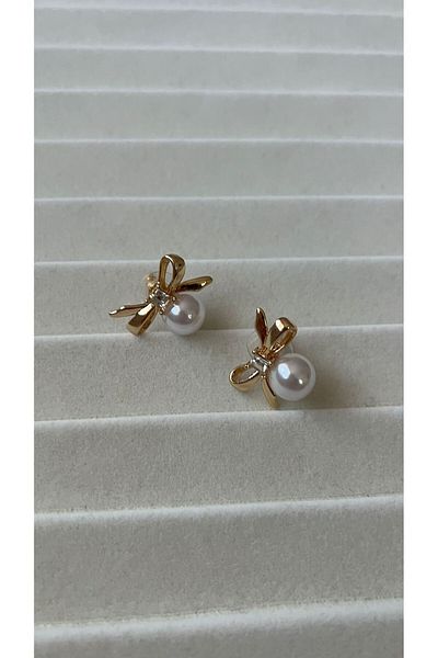 Goche Gold Bow Model Pearl Stone Women's Earrings