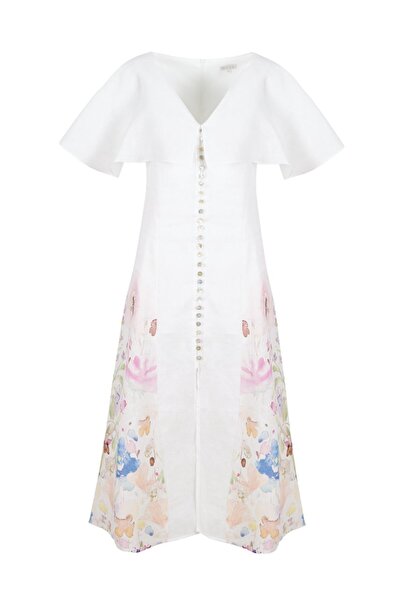 By Mare Style Heart Collar Floral Printed Midi Pure Linen Dress
