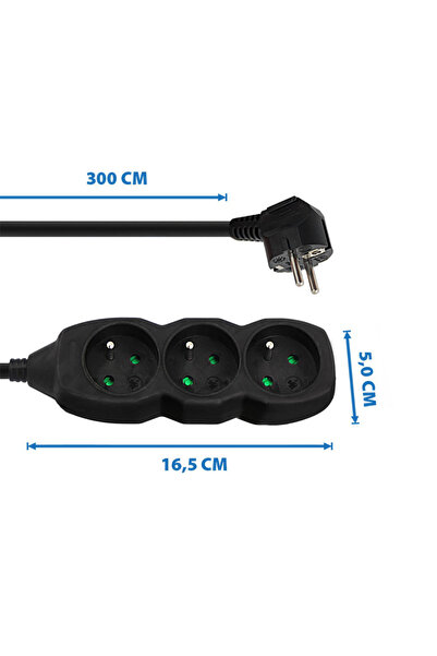 ESPERANZA Prelungitor cu 3 prize și cablu lung de 3 m, 250V, 16A, sarcină maximă 3680W, ES-96153, negru