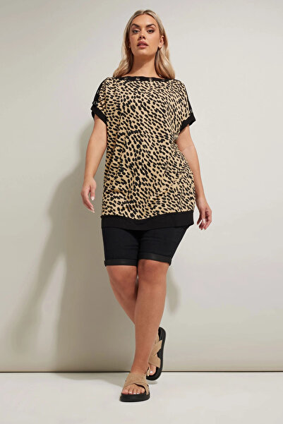 Stil Diva Plus Size Leopard Patterned T-Shirt with Bird's Eye Detail 304086