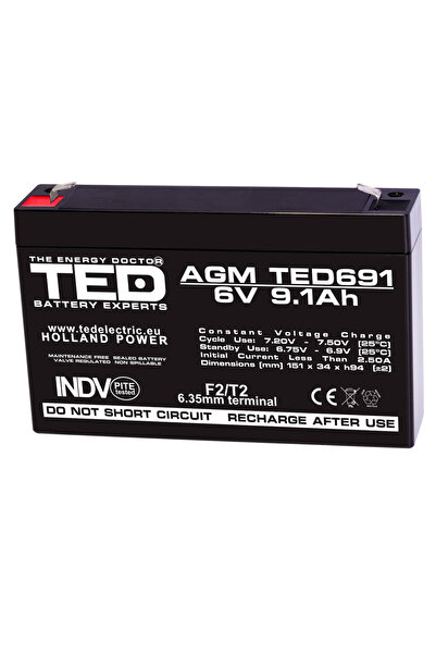 TED Electric Baterie reîncărcabilă F1/T1 6V staționară VRLA 9.1Ah AGM, dimensiuni 151x34x95 mm, TED691